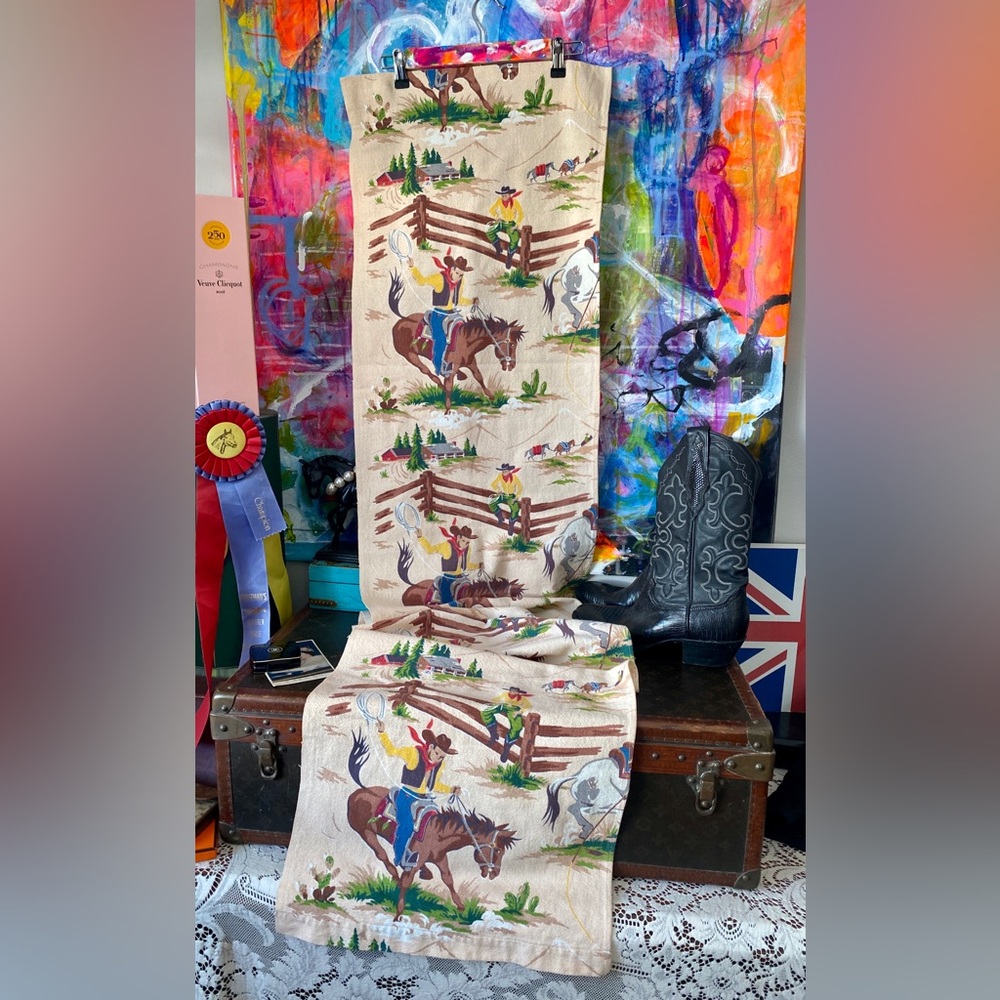 Adorable Vintage Barkcloth WESTERN Cowboy Ranch curtain panel Table Runner decor